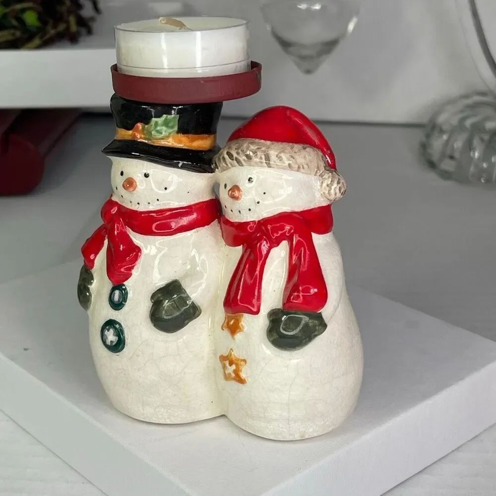 Vintage Russ crackle berry snowmen tea light holder.